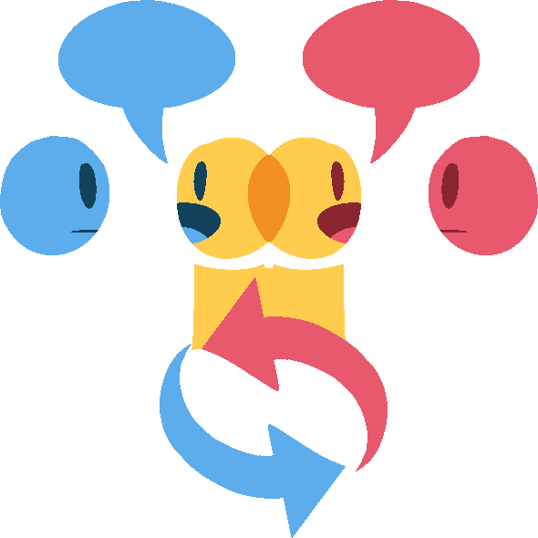 two overlapping emoji-yellow people on top of a blue and pink looping arrows symbol. one is speaking a blue speech bubble to a blue face and the other a pink speech bubble to a pink face